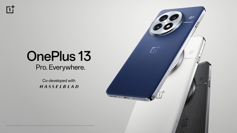 An ad from OnePlus showing three different-colored OnePLus 13 phones in mid-air, with text at the side.