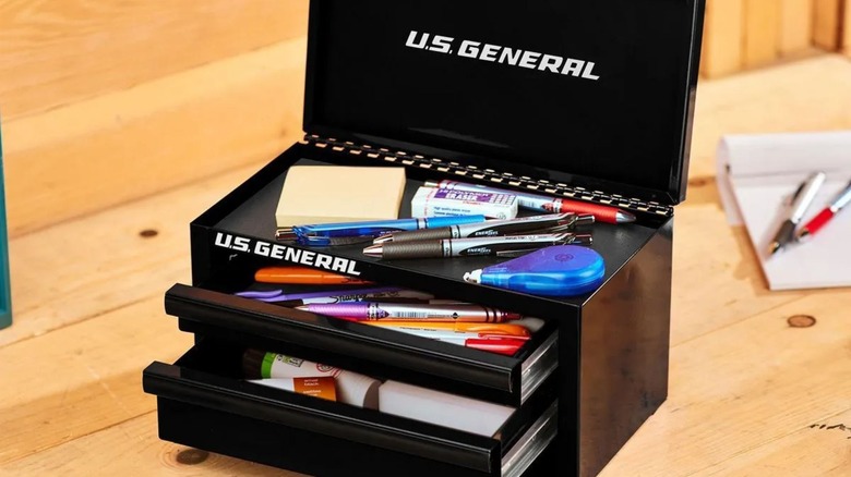 Harbor Freight mini toolbox with desk supplies