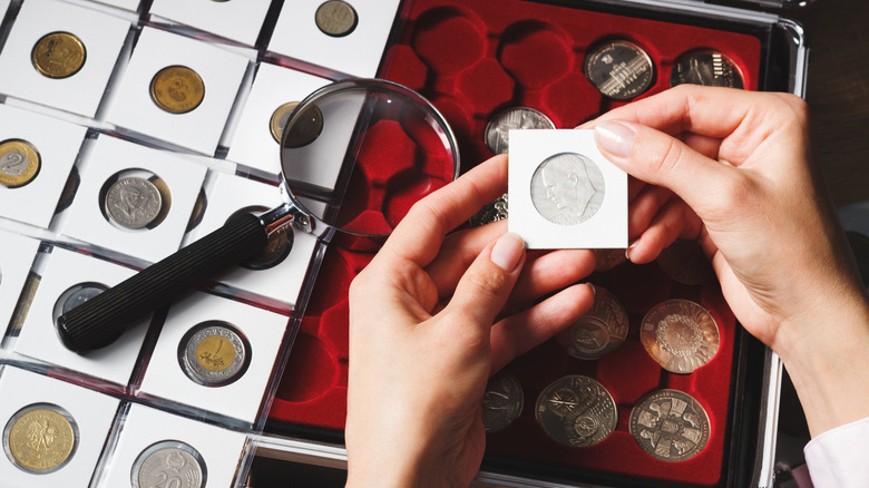 Person inspecting a U.S. 50-cent piece in a sleeve above a coin collection
