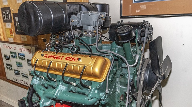 Oldsmobile Rocket 88 engine on a stand
