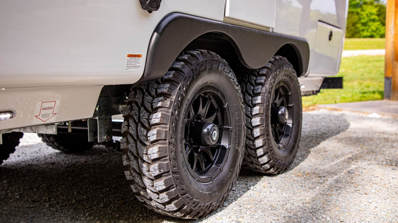 Closeup of the tires on an Oliver travel trailer