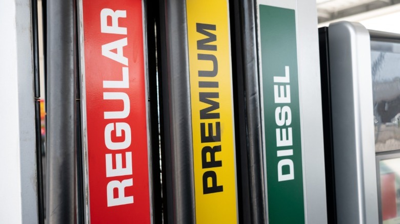 regular, premium and diesel fuel options at a gas station
