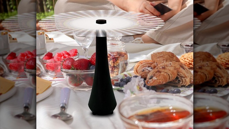 A fly swatter keeping flies away at a food table.