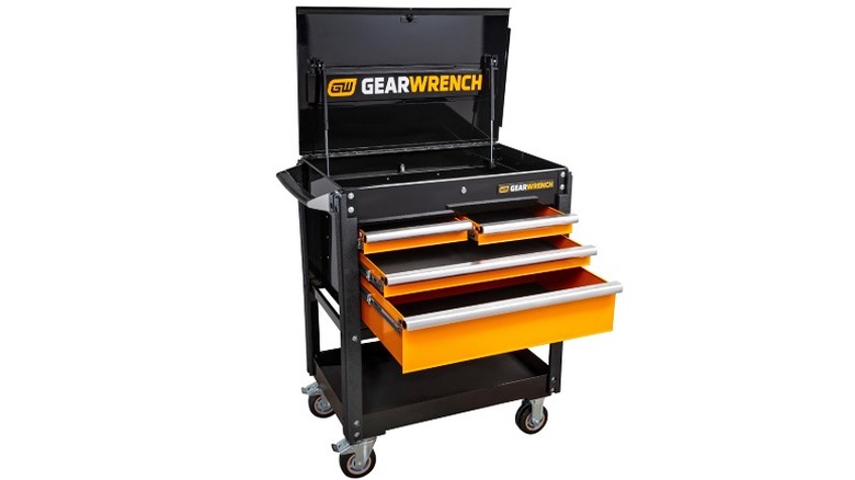 Black and yellow Gearwrench tool cart with open drawers