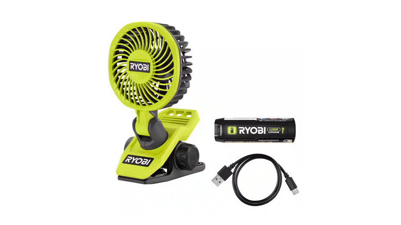 The Ryobi USB Lithium Clamp Fan Kit on a white background.