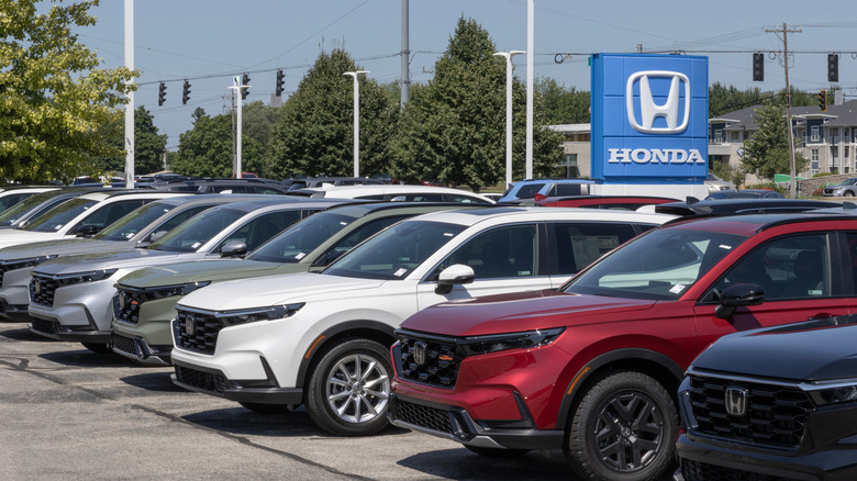 Honda cars lined up outside a dealership