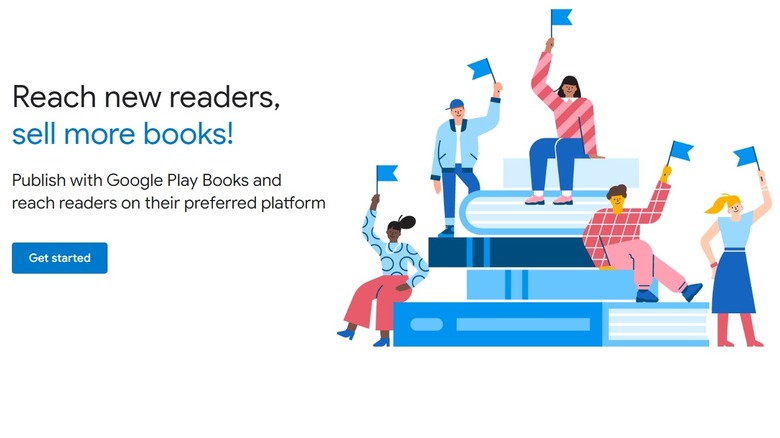 Graphic of multiple people holding blue flags and promoting Google Play Books