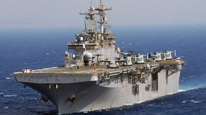 The USS Wasp (LHD 1) underway at sea with V-22 Ospreys on deck