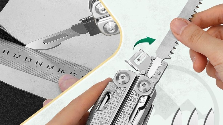 A multitool being opened by a hand and another cutting by a ruler.