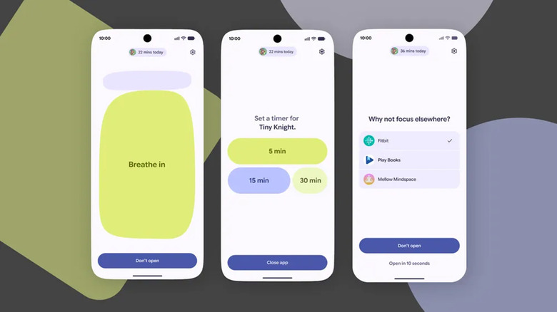 A trio of screenshots against a stylized background showing Google's Pause Point feature.