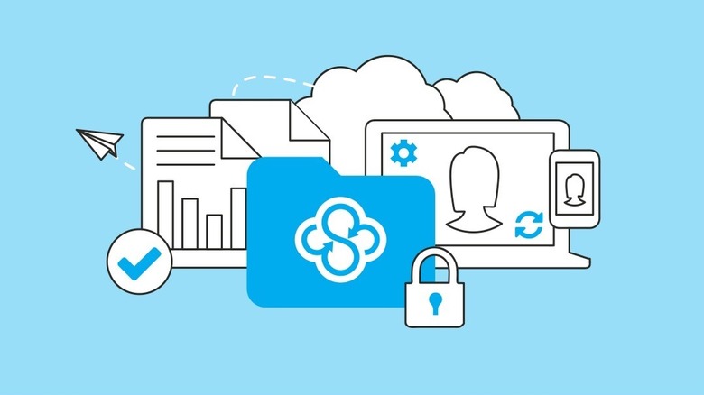 Sync.com logo with abstract images of clouds, computer, phone, and documents in background