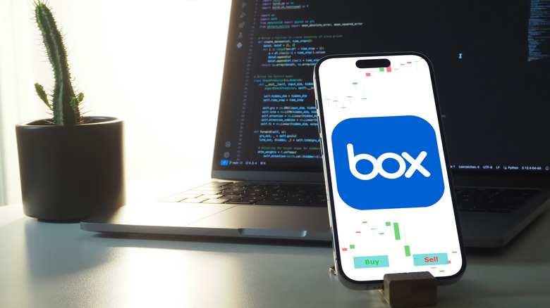 Cell phone showing Box logo on desk in front of a laptop with a potted cactus