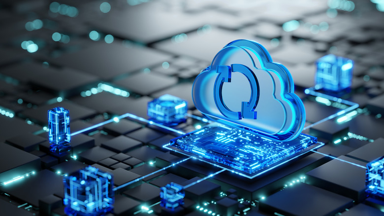 Abstract representation of cloud computing with cloud image above CPU