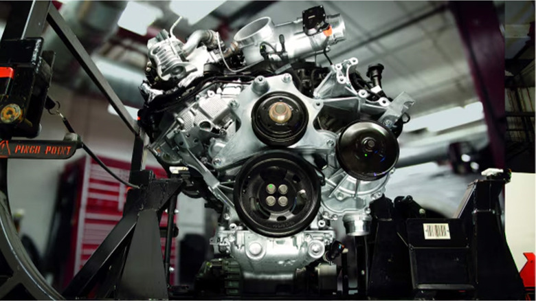 A Ford 6.7-liter Power Stroke diesel engine on a stand