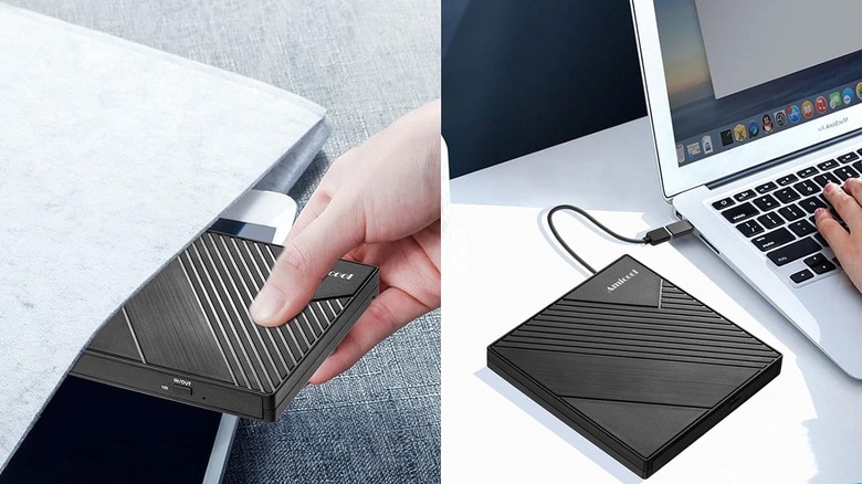 Amicool external DVD drive connected to a laptop and being stored inside a bag
