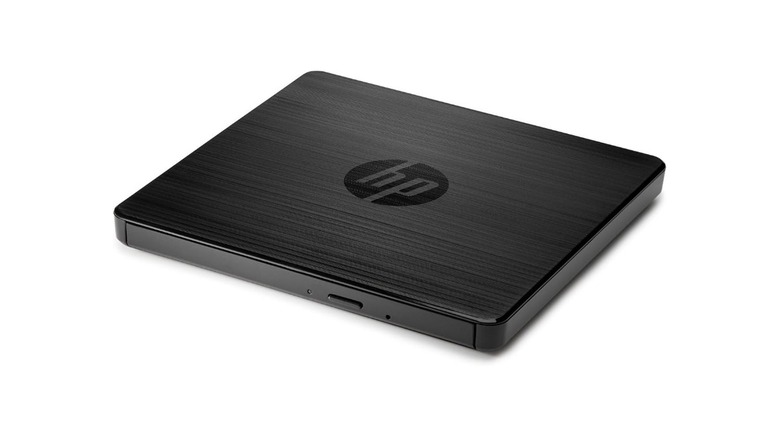 A black HP DVD-RW drive with a brushed metal finish against a white background