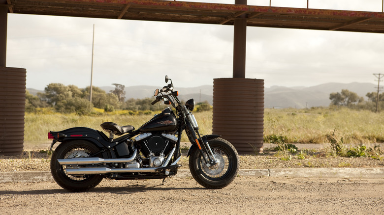 Harley-Davidson Cross Bones motorcycle parkedin the outdoors, with infrastructure visible in the background.