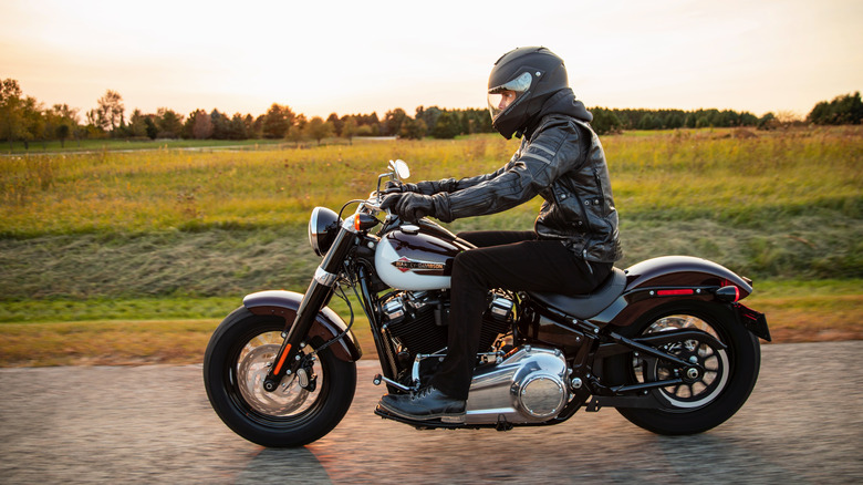 Motorcyclist riding a Harley-Davidson softail slim in a field, right to left, wearing a helmet and leather kit