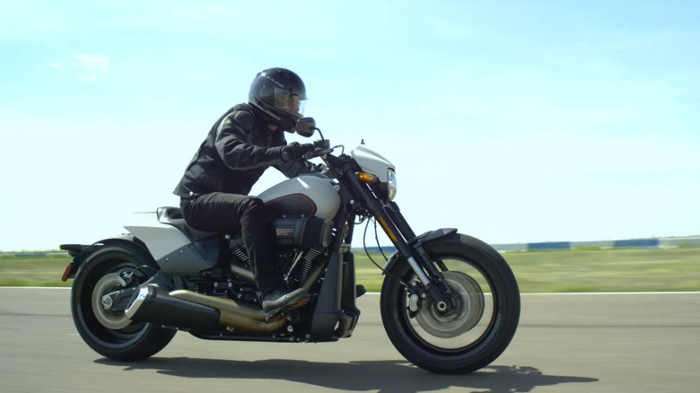 Harley-Davidson FXDR 114 motorcycle on a modern track with arched curves