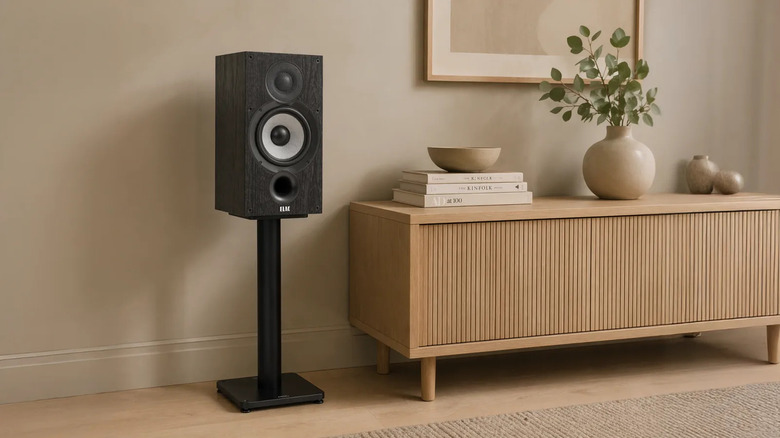 An Elac Debut 2.0 B6.2 bookshelf speaker on a stand next to a wooden TV unit with some books, vases, and a plant on it