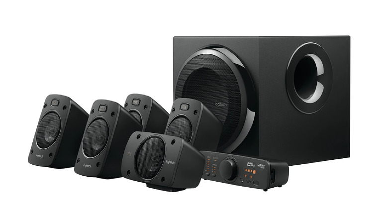The Logitech Z906 5.1 surround sound system on a white background