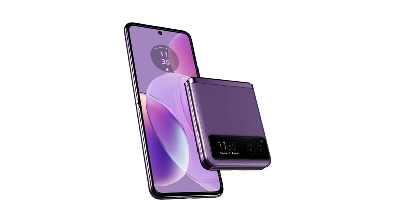 Motorola Razr 2023 in purple showing both its displays