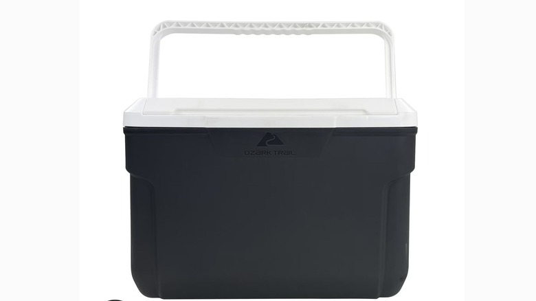 A black hard-sided cooler against white background