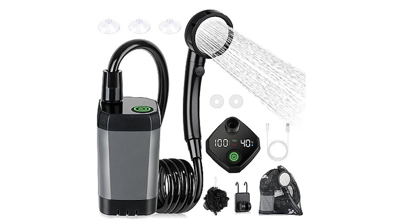 A portable shower head, pump, and other accessories against a white background.