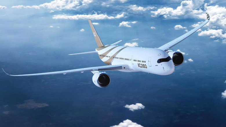 A white Airbus ACJ350 photographed from the front-right side in flight, with silver livery stripes at the tail section.