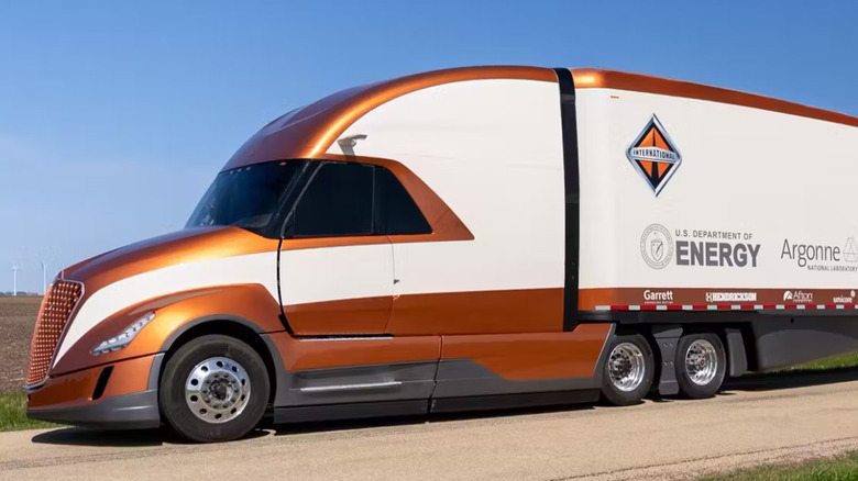 An International SuperTruck II on a country road