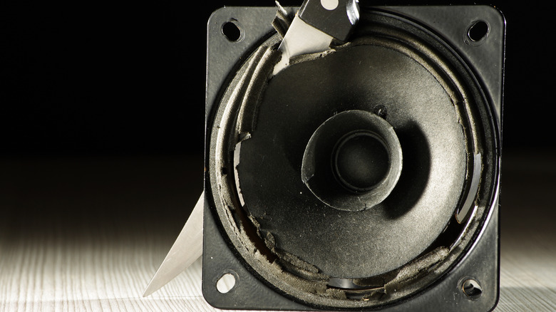 A speaker with a knife through it and substantial damage on its speaker cone