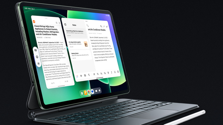 The Xiaomi Pad 8 Pro tablet attached to a keyboard, with a stylus near it, on a black background
