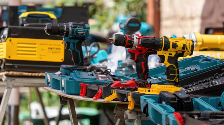 Collection of power tools displayed for sale