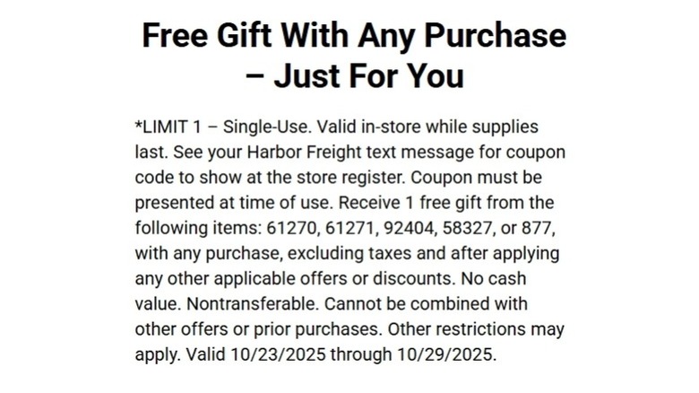 Screenshot of free gift policy at Harbor Freight