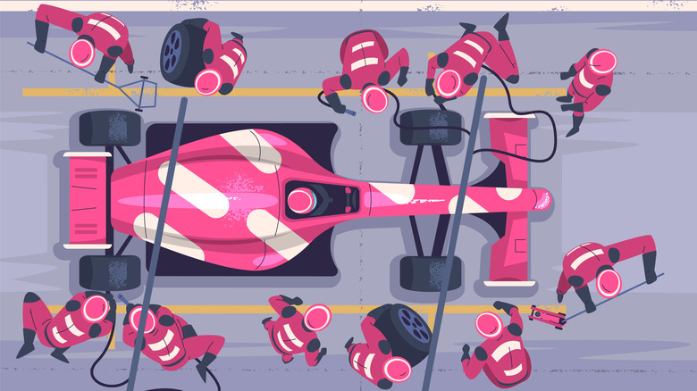 Pink pits stop crew servicing car from above illustration