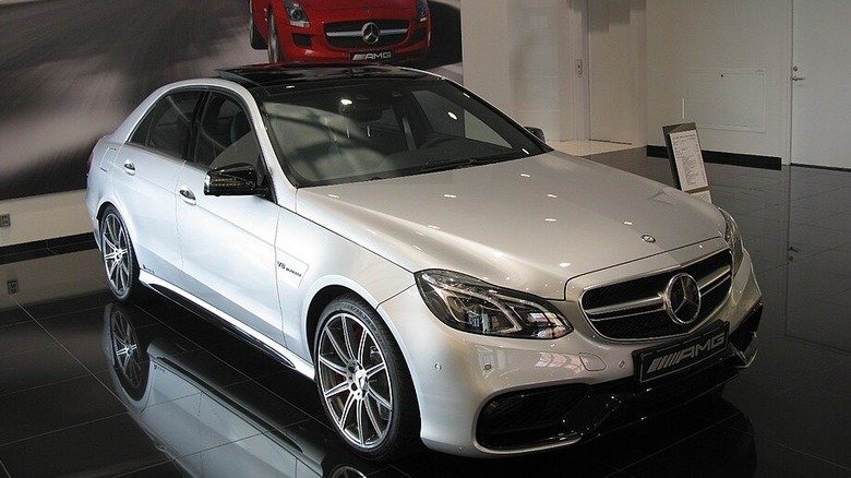 Silver Mercedes-Benz E63 AMG in a showroom