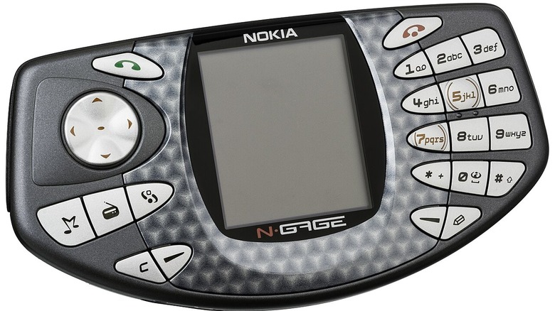 Close-up of the Nokia N-Gage featuring its vertical screen and number pad controls