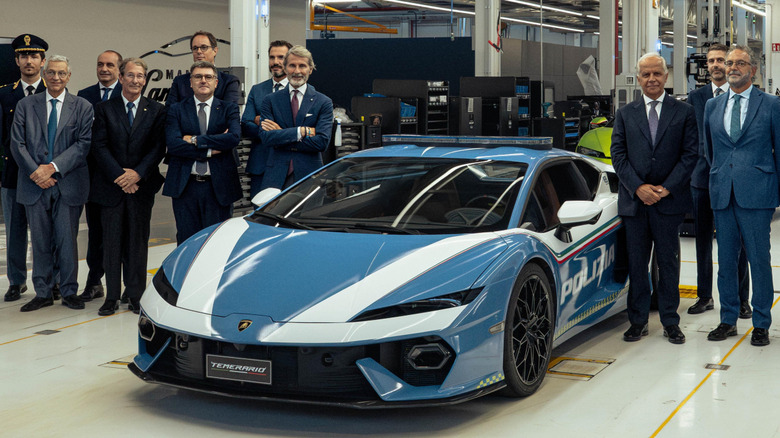 Front 3/4 view of Lamborghini Temerario shown in Lamborghini factory during presentation to Italian State Police