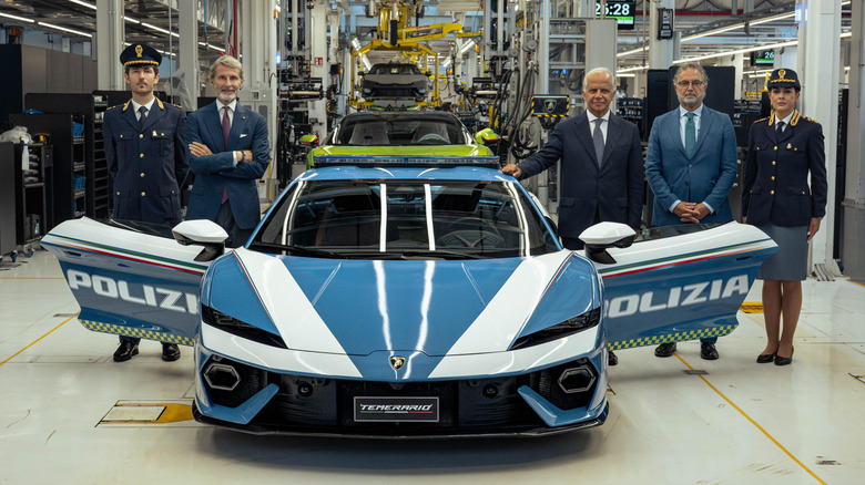Front view of Lamborghini Temerario shown in Lamborghini factory during presentation to Italian State Police