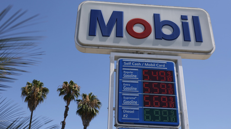 Gas prices displayed on the sign of a Mobil gas station on June 22, 2026