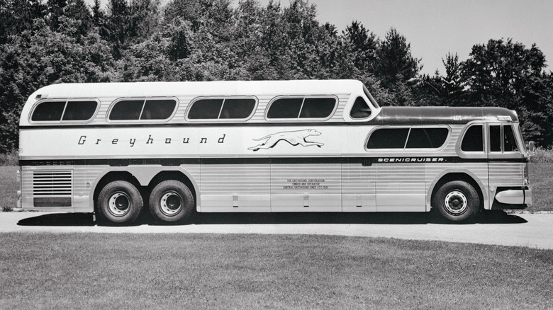 Black and white shot of the 1954 GMC Scenicruiser bus