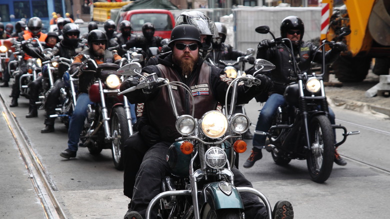 Several members from different motorcycle gangs in a protest ride.