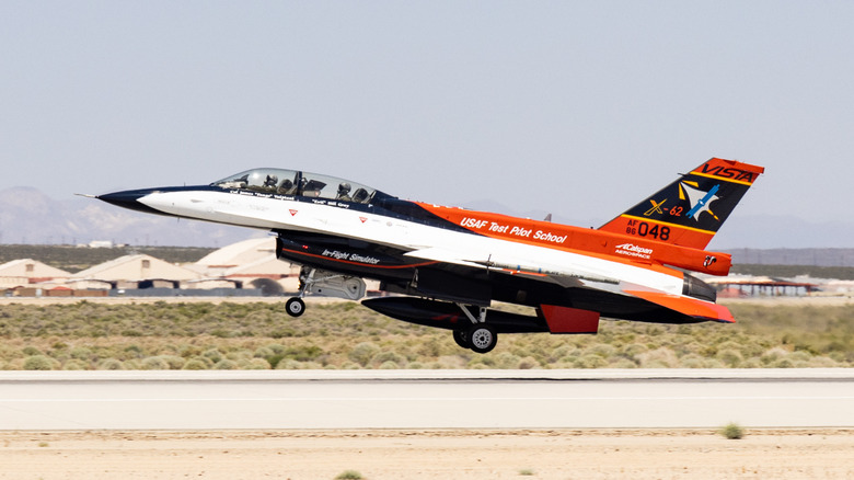 The AI-piloted VISTA fighter jet takes off from Edwards Air Force Base.