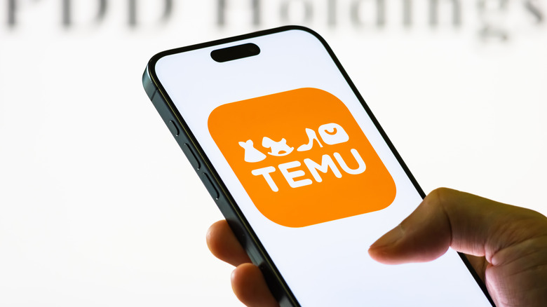 A hand holds an iPhone displaying the logo of Temu.