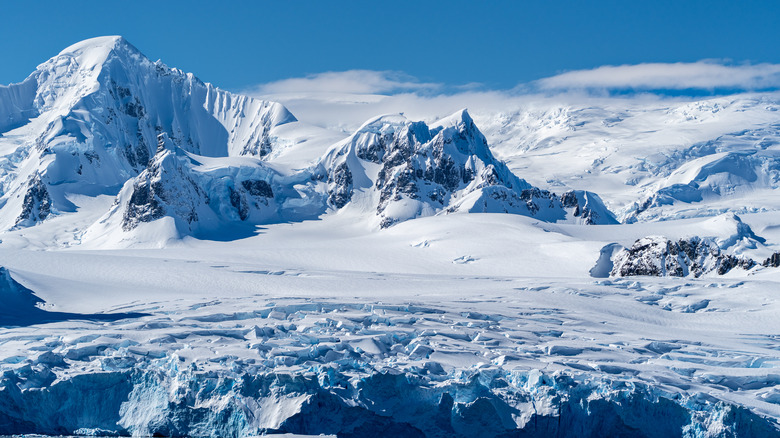 A view of Antarctic glaciers againt a blue sky with a bit of cloud.