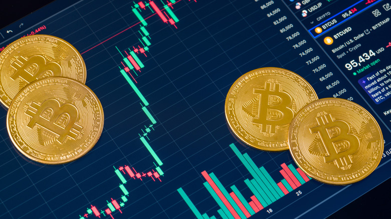 Coins showing Bitcoin's cryptocurrency symbol standing in front of a computer screen displaying a candlestick graph.