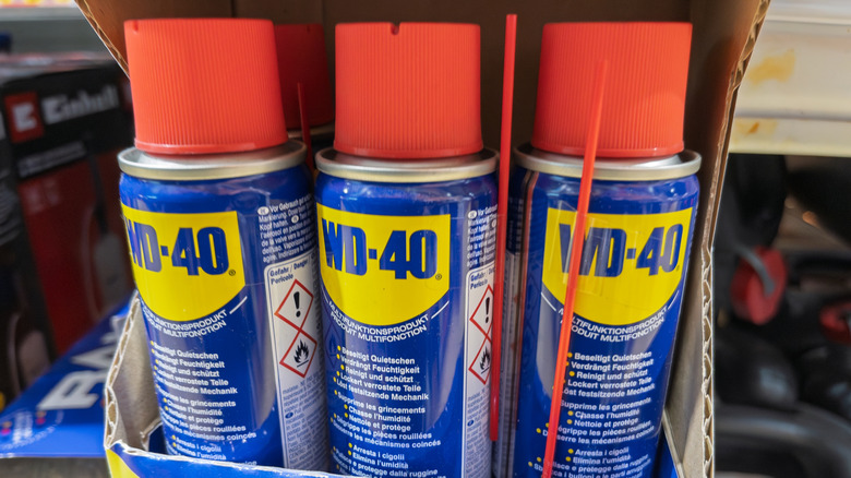 Cans of WD-40 in a box at a store.
