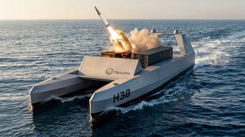 Rendering of a Hanwha autonomous ship concept firing a missile