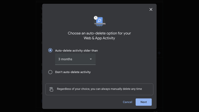 Google activity auto-delete option