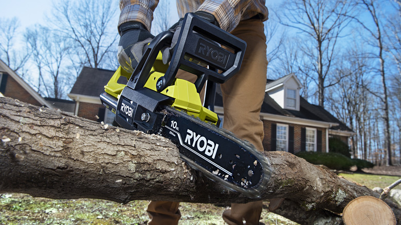 Ryobi 40V chainsaw cutting branch
